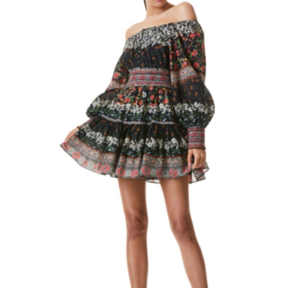 Alice + Olivia Clementina Paradise Floral Tiered Mini Dress Black Size 0 Boho - Picture 5 of 13